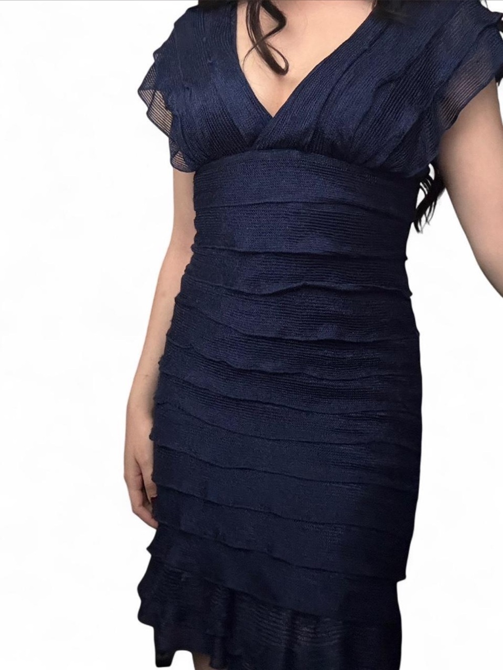 Max Studio Navy Textured V-Neck Tiered Midi Dress